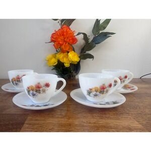Vintage Arcopal France Anemone‎ Floral Tea Cups and Saucers Milk Glass Retro